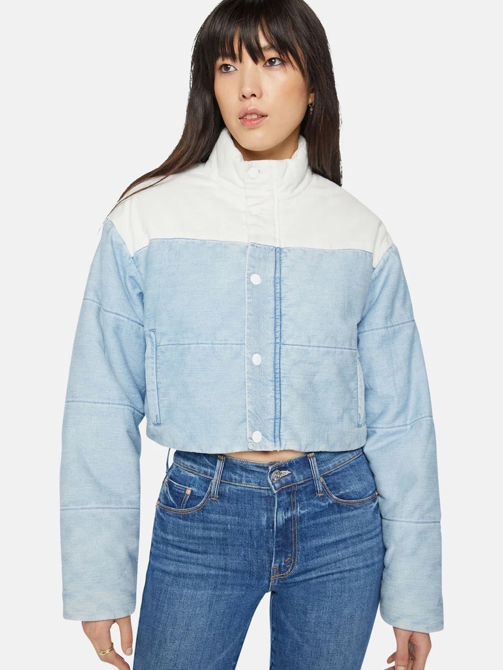 MOTHER Two-Tone Cropped Puffer Jacket in Light Blue & White